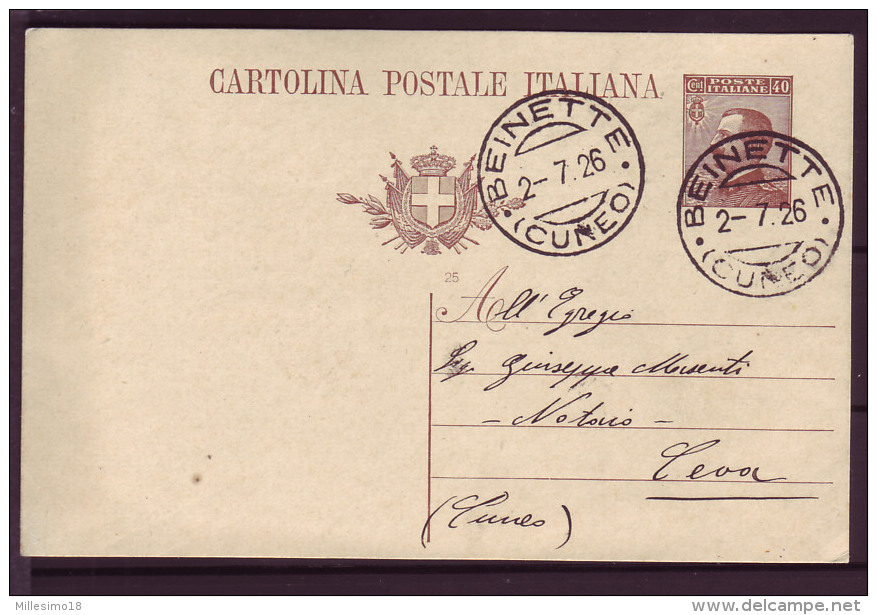 Italia Italy 1926 Beinette Cuneo Intero Cartolina Postale Michetti 40c - Interi Postali