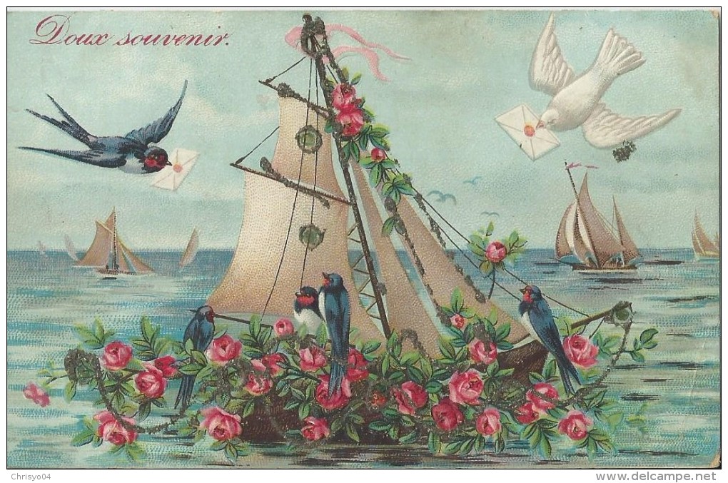 45SiU    Cpa Gauffrée Paillettes Bateau Voilier Fleuri Hirondelle Et Colombe Portant Un Pli Message - Móviles (animadas)