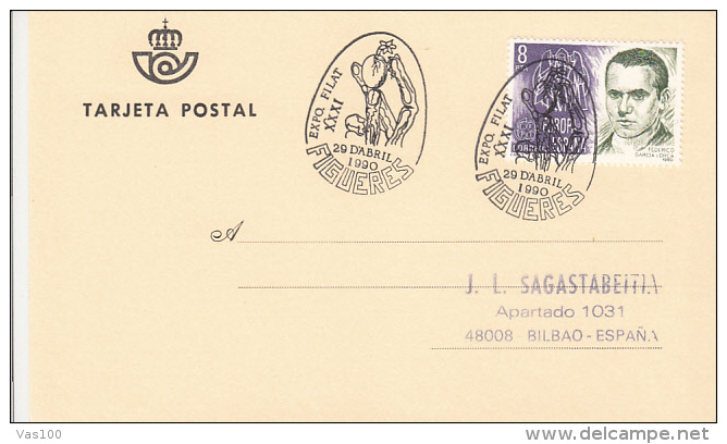 FLOWER, EGG, SPECIAL POSTMARK, FEDERICO GARCIA LORCA STAMP ON POSTCARD, 1990, SPAIN - Cartas & Documentos