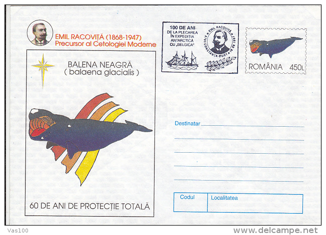 BLACK WHALE, BELGICA EXPEDITION, SHIP, COVER STATIONERY, ENTIER POSTAL, 1997, ROMANIA - Baleines