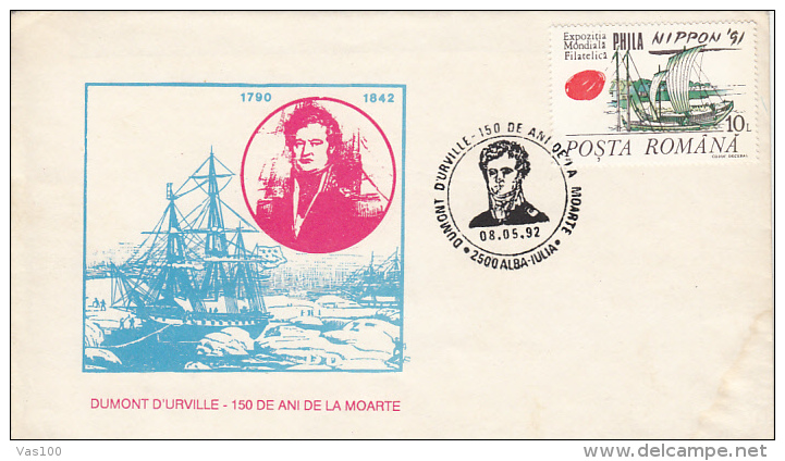 DUMONT D;URVILLE, EXPLORER, SHIP, SPECIAL COVER, 1992, ROMANIA - Explorers