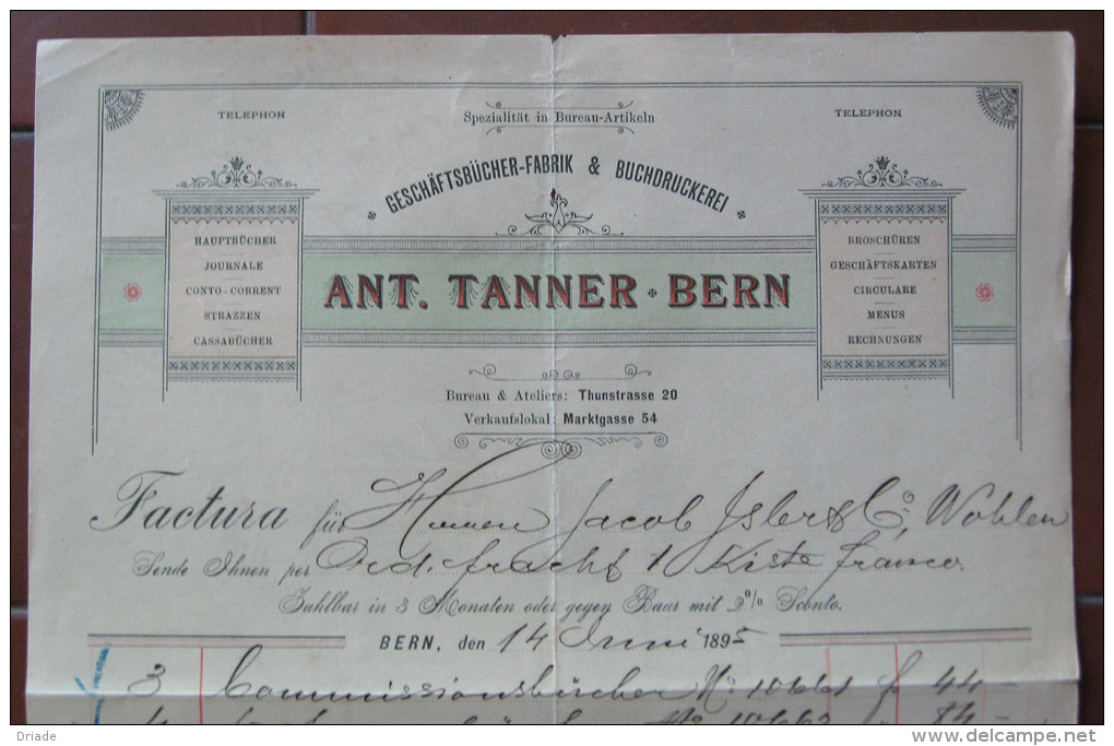 FATTURA BERNA ANT. TANNER  GESCHAFTSBUCHER FABRIK & BUCHDRUCKEREI ANNO 1895 SVIZZERA - Schweiz