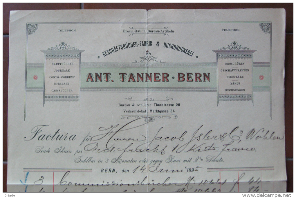 FATTURA BERNA ANT. TANNER  GESCHAFTSBUCHER FABRIK & BUCHDRUCKEREI ANNO 1895 SVIZZERA - Svizzera