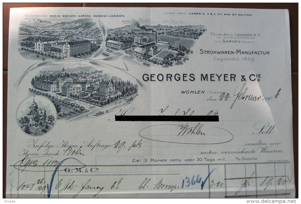 FATTURA GEORGES MEYER % C. STROHWAREN MANUFACTUR WOHLEN SVIZZERA ANNO 1906 - Svizzera