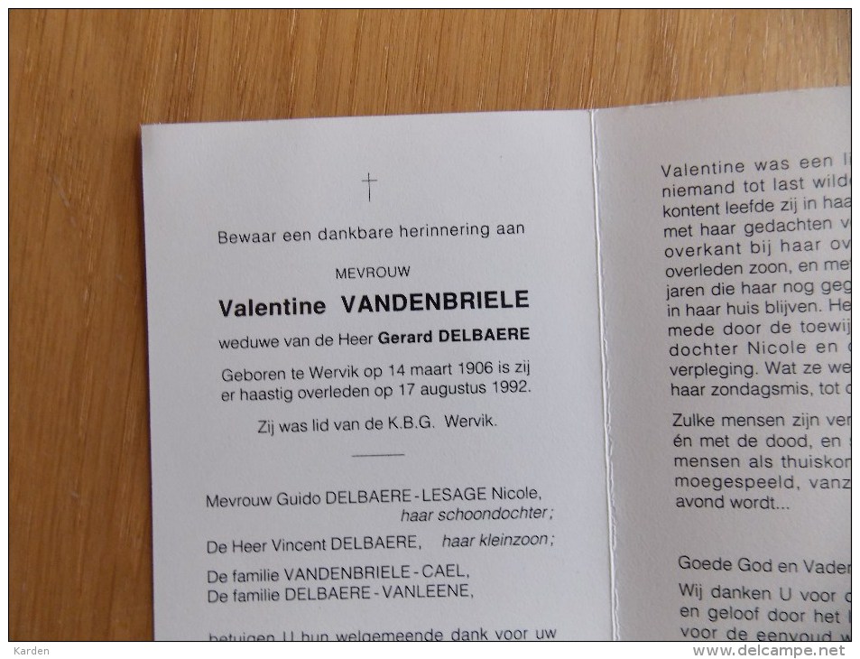 Doodsprentje Valentine Vandenbriele Wervik 14/3/1906 - 17/8/1992 ( Gerard Delbaere ) - Religione & Esoterismo