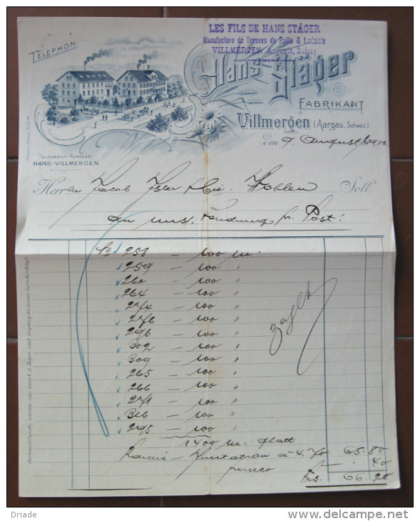 FATTURA MANIFACTURE DE TRESSES DE PAILLE VILLMERGEN AARGAU SVIZZERA ANNO 1902 - Suisse