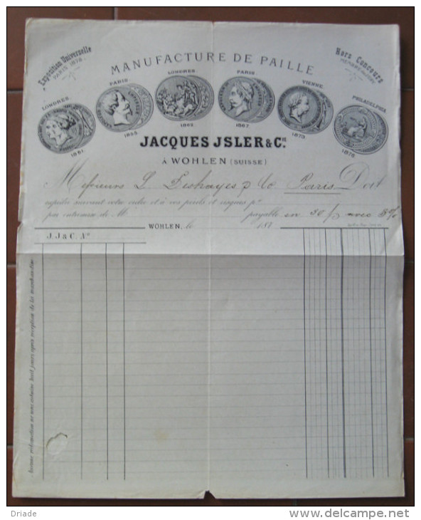 FATTURA MANIFACTURE DE PAILLE JACQUES JSLER & C.. WOHLEN SVIZZERA ANNO FINE 1800 - Zwitserland