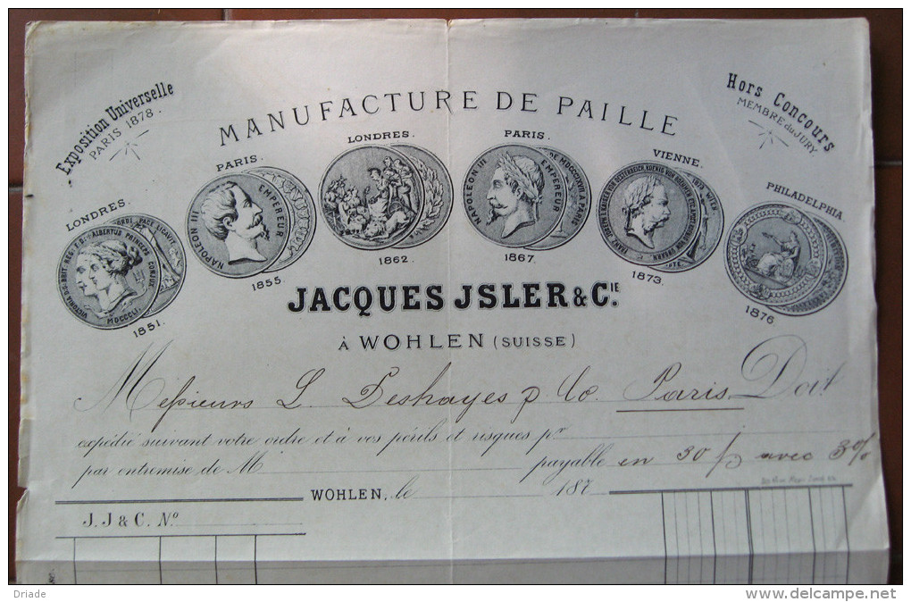FATTURA MANIFACTURE DE PAILLE JACQUES JSLER & C.. WOHLEN SVIZZERA ANNO FINE 1800 - Svizzera