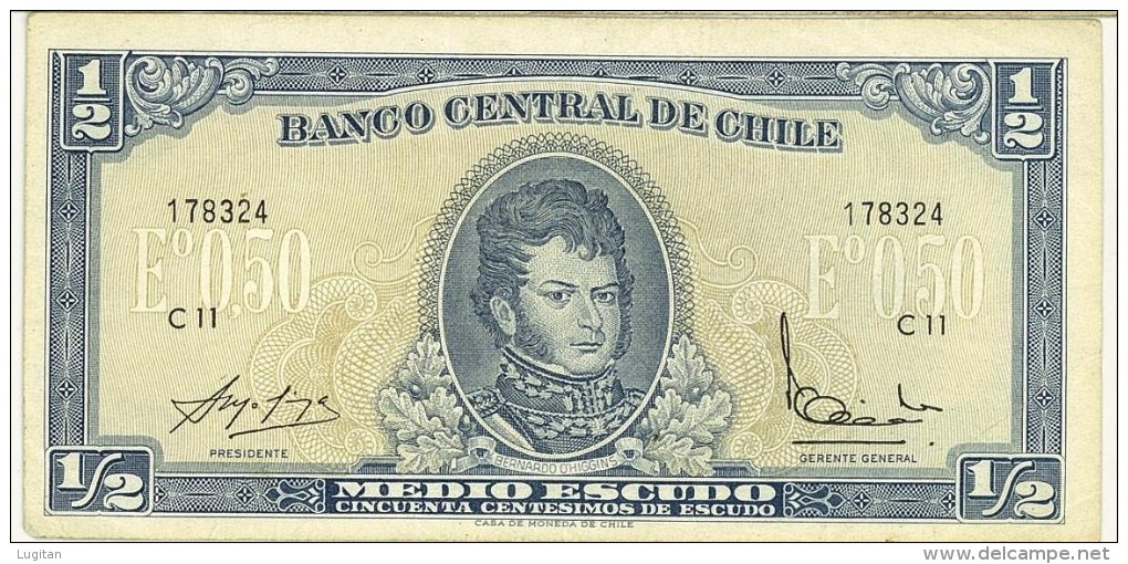 CILE - CHILE -  1/2 Escudo (1962-75) - QUALITA' BB - PIEGA AL CENTRO - Chile