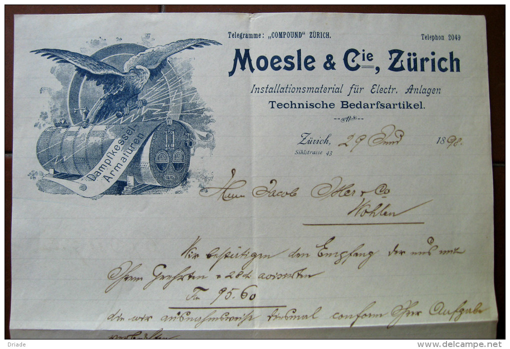 FATTURA  MOESLE & C. INSTALLATIONSMATERIAL FUR ELECTR. ANLAGEN TECHNISCHE BEDARFSARTIKEL ZURICH SVIZZERA ANNO 1898 - Svizzera