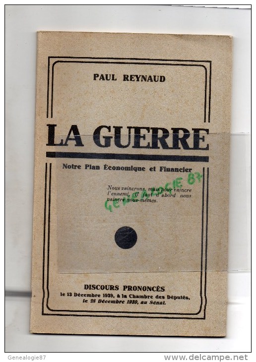 MILITARIA  GUERRE 1939-1945-  PAUL REYNAUD LA GUERRE DISCOURS CHAMBRE DEPUTES 28-12-1939 - Other & Unclassified