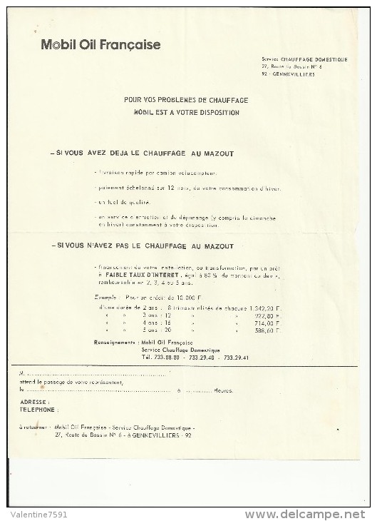 PUBLICITE "pour Vous Problèmes De Chauffage.." MOBIL OIL FRANCAISE -92 GENNEVILLIERS-vers 1960-pliure Courrier - 1950 - ...