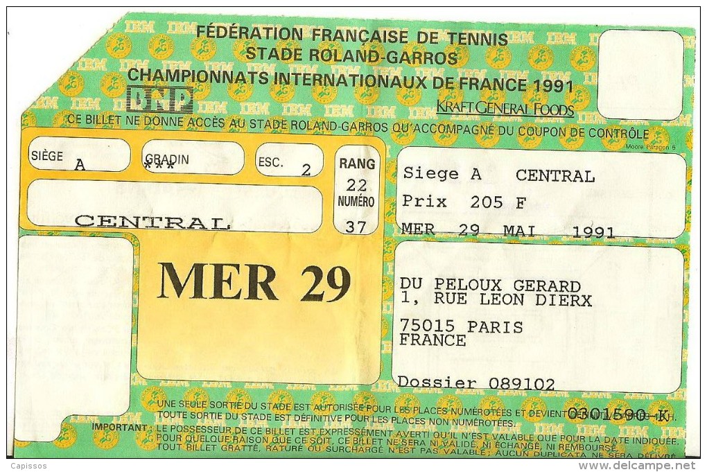 Roland Garros 1991 Ticket Entrée FFT Central Mercredi 29 Mai - Match Tickets