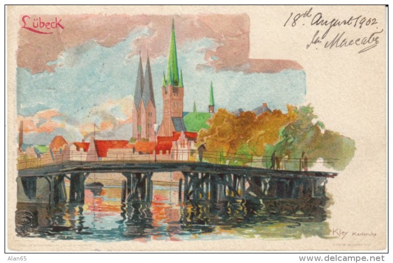 Lubeck Germany, Kley Artist Image Bridge And Churches, C1900s Vintage Postcard - Kley
