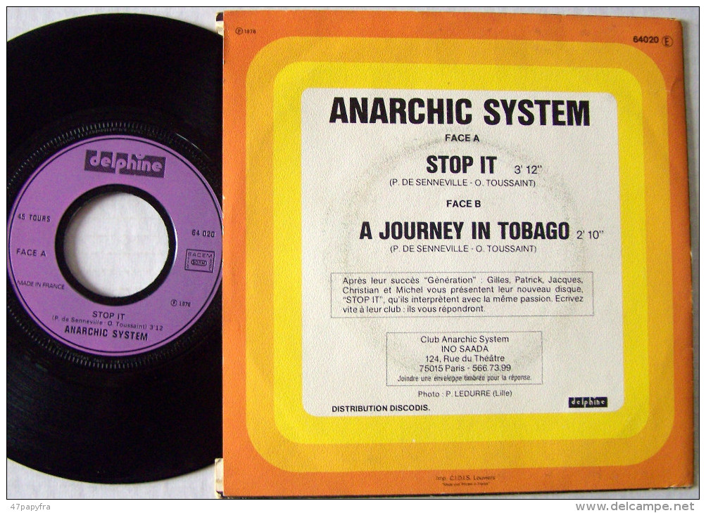 Anarchic System SP Année 1976 Stop It - Disco, Pop