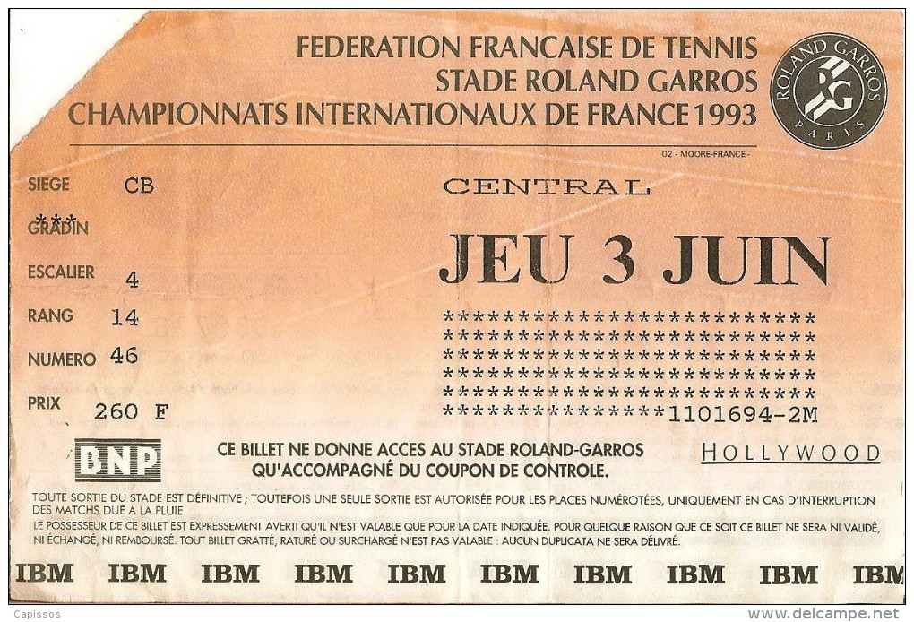 Internationaux De France 1993 Billet Entrée Central Jeudi 3 Juin - Other & Unclassified