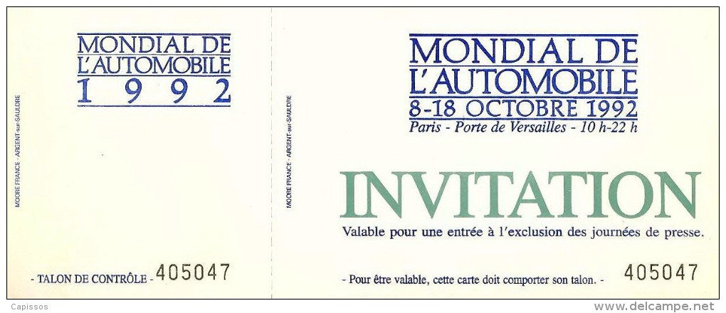 Mondial De L´Automobile Octobre 1992 Invitation - Otros & Sin Clasificación