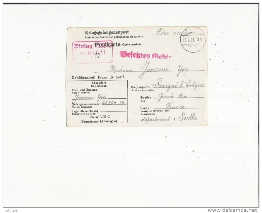 Carte-Lettre De Correspondance Des Prisonniers De Guerre Envoyé De Joncour Yves No 62564-18 Voir Scan  Au - Guerra Del 1939-45