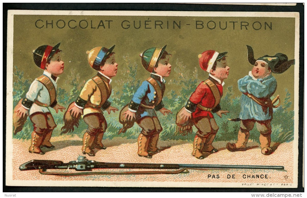 Chocolat Guérin Boutron, Chromo Lith. Vallet Minot VM3-24, Cinq Garçons, Thème Militaria, Fusil, Pas De Chance - Guérin-Boutron