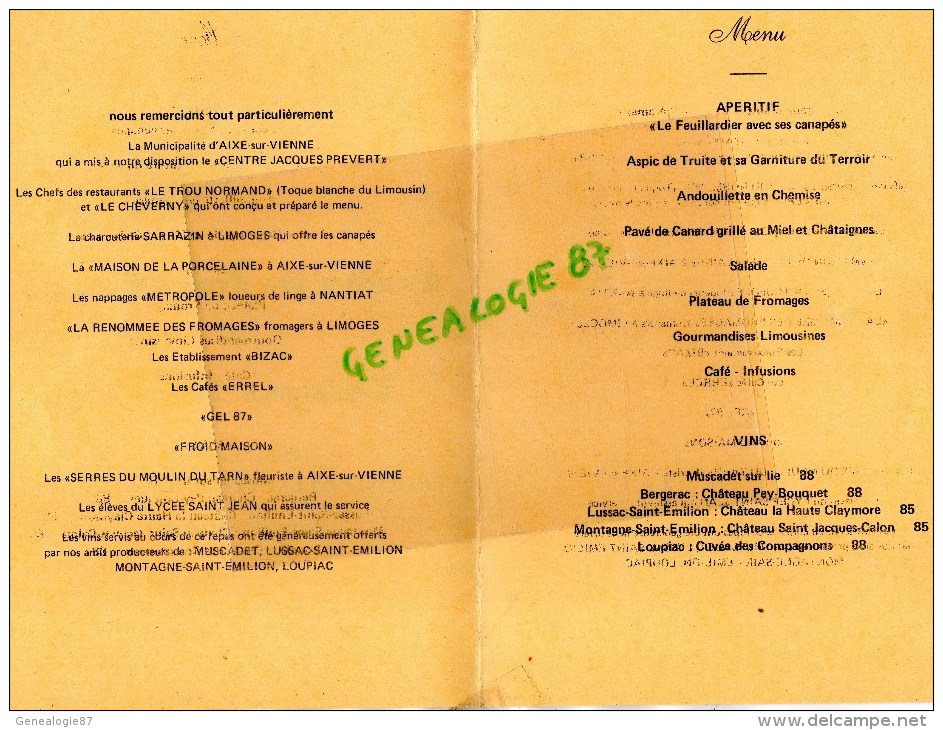 87- AIXE SUR VIENNE - MENU CONFRERIE FRANCS GOUTEURS CHATAIGNES-CHATAIGNE- JACQUES PREVERT-18-11-1990 - Menükarten