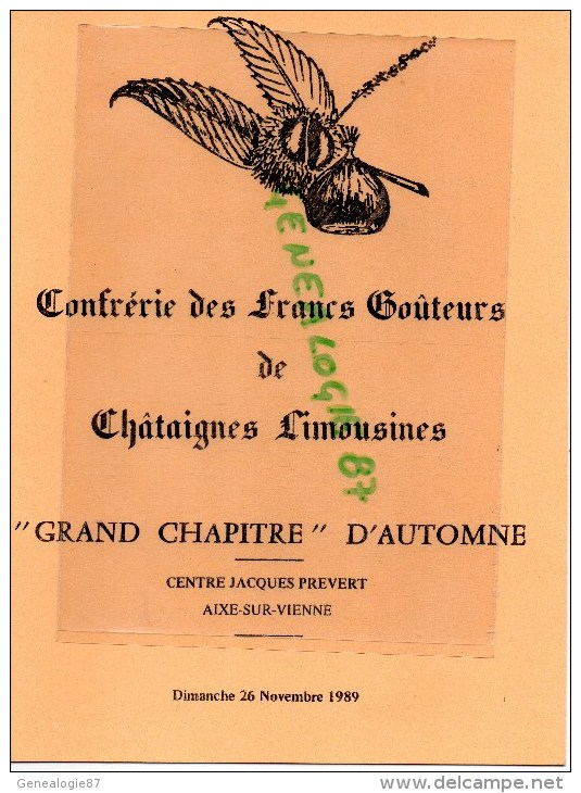 87 - AIXE SUR VIENNE - MENU FRANCS GOUTEURS CHATAIGNES- JACQUES PREVERT -26-11-1989 - Menus