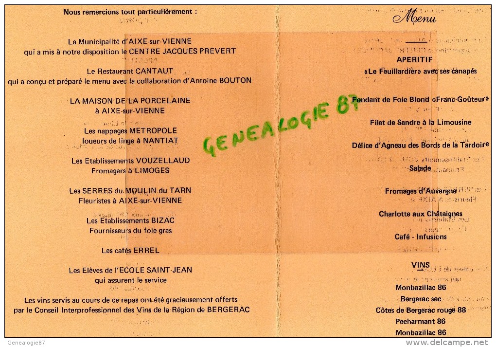 87 - AIXE SUR VIENNE - MENU FRANCS GOUTEURS CHATAIGNES- JACQUES PREVERT -26-11-1989 - Menükarten