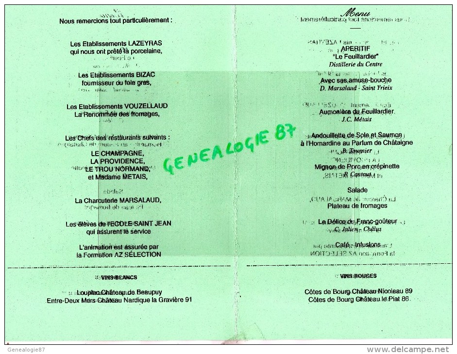 87 - LANDOUGE- MENU FRANCS GOUTEURS CHATAIGNES-  SALLE DES FETES -15-11-1992-LAZYRAS-BIZAC-CHALUS-SAINT YRIEIX - Menükarten