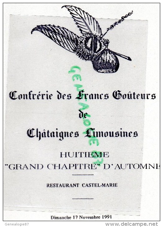 87 -LIMOGES-MENU FRANCS GOUTEURS CHATAIGNES-CASTEL MARIE-1991-LAVENNE- METAIS- PALARD- SARAZIN-VOUZELAUD-LYCEE ST JEAN - Menus