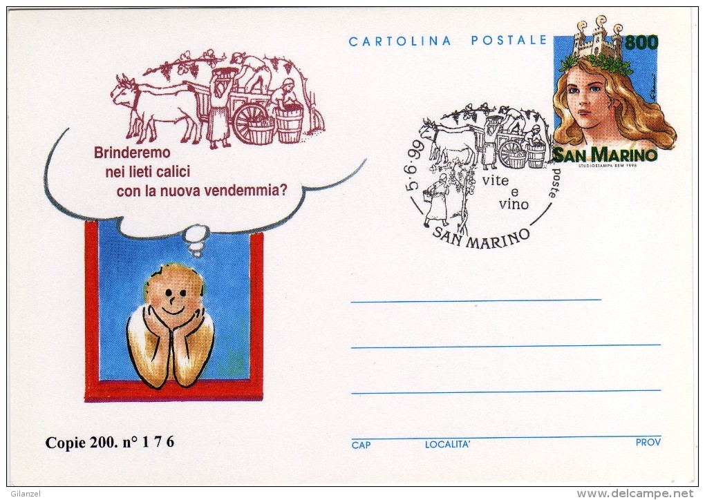 San Marino 1999 Annullo Vite E Vino Su Cartolina Postale Repiquage - Interi Postali