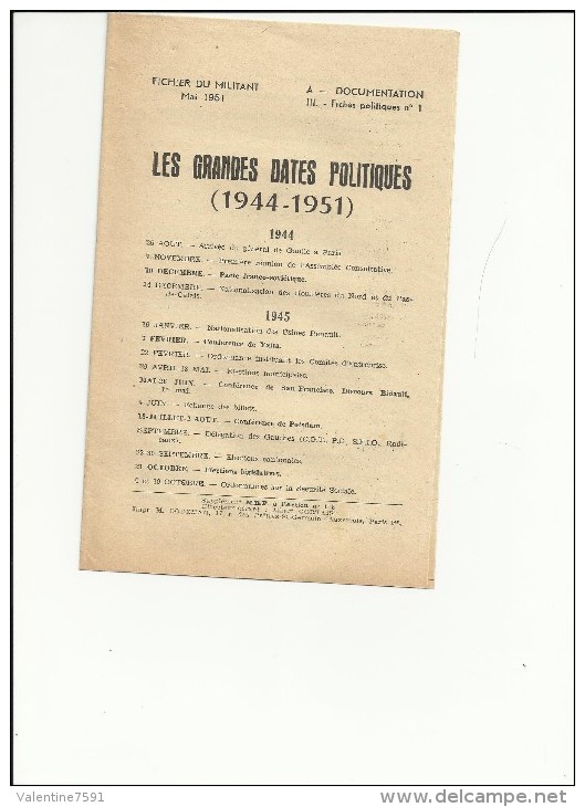 Fichier Du Militant M.R.P." Les Grandes Dates Politiques 1944-1951" En MAI 1951- Document 8 Pages,bon état - 1950 à Nos Jours