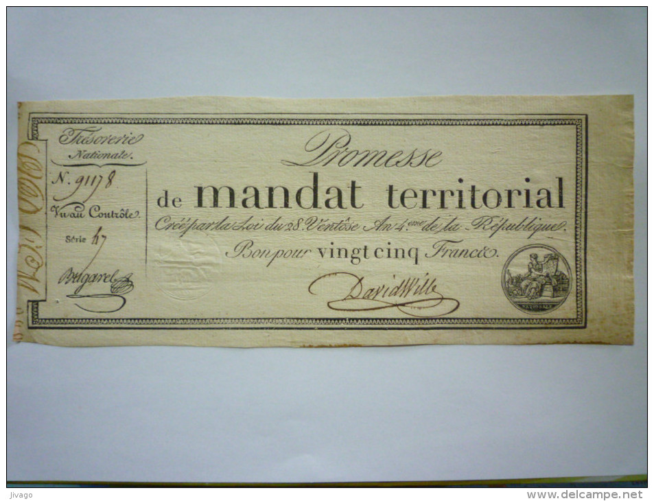 Promesse De  MANDAT  TERRITORIAL  De  25  FRANCS - Assegnati