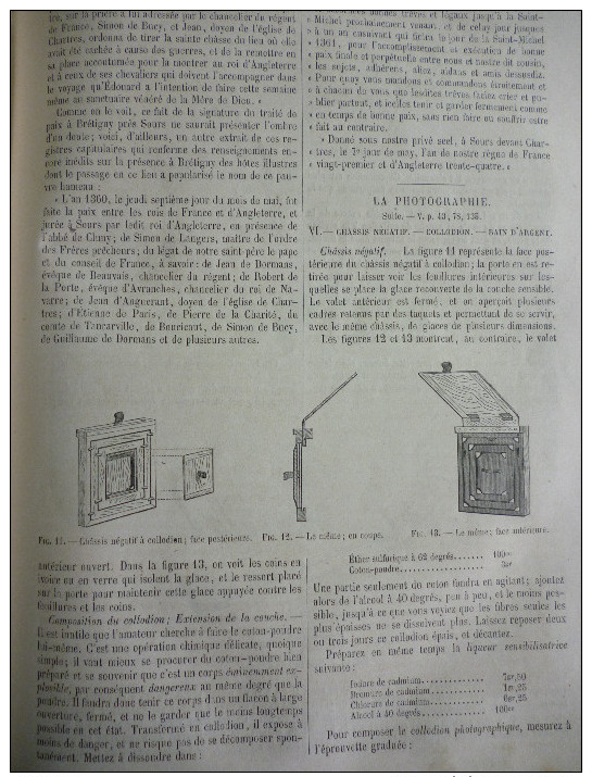 La Photographie , Chassis Négatif , Collodion , Bain D'argent , Gravure De 1863 Avec Texte / 2 Pages - Documents Historiques