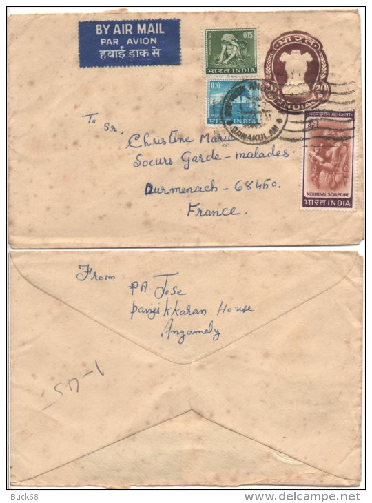 INDE Lettre Entier Postal Par Avion 1968 (?) Angamaly (Inde) &#9658;Durmenach (Alsace) Cachet - Briefe
