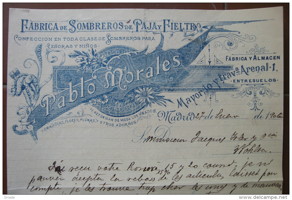 FATTURA FABRICA DE SOMBREROS DE PAJA Y FIELTRO PABLO MORALES MADRID SPAGNA ANNO 1906 - España