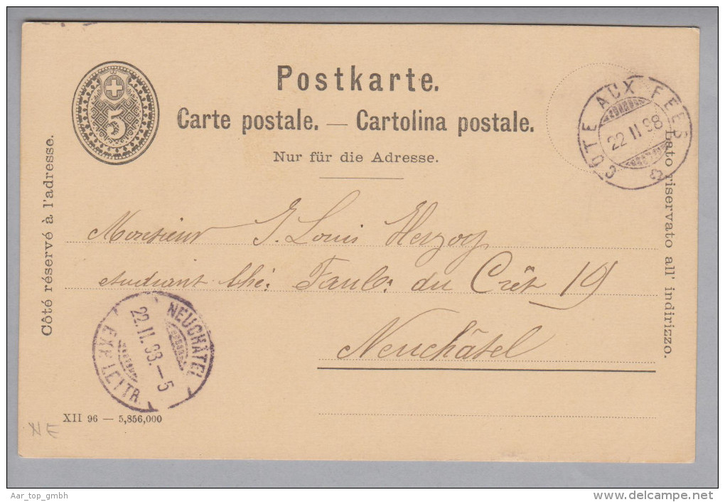 Heimat NE Côte Aux Fees 1898-02-22 Ganzsache 5 Rp. - Brieven En Documenten