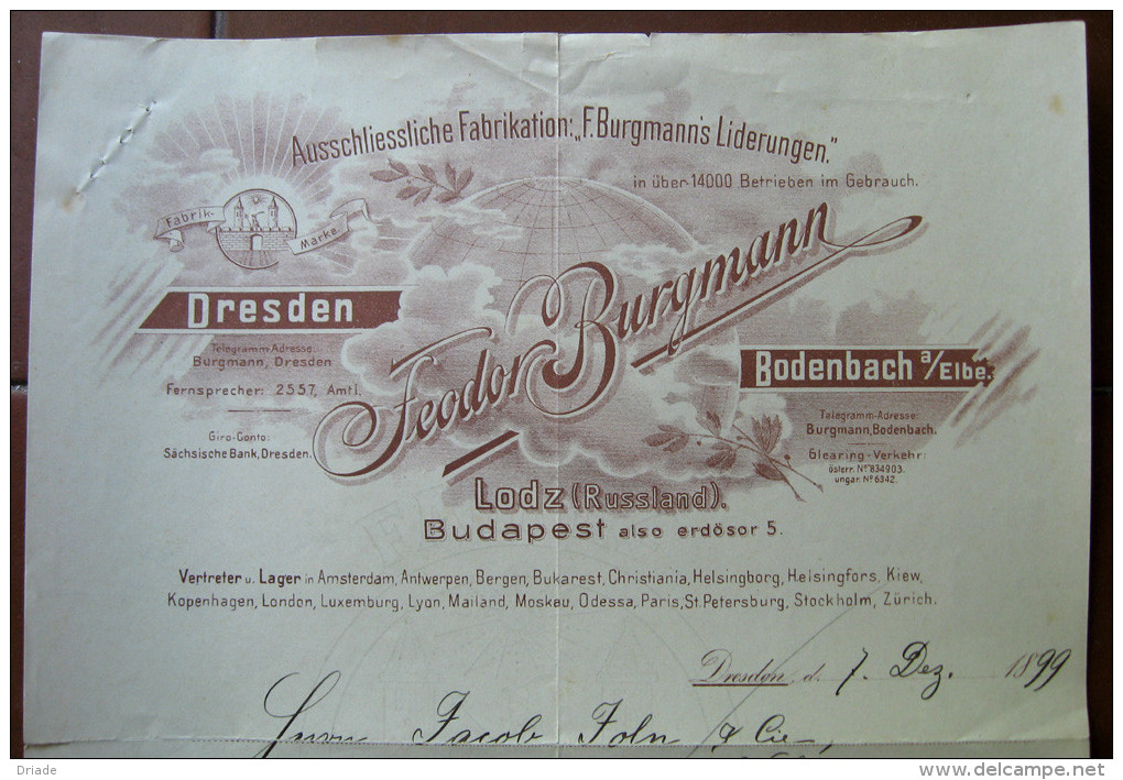 FATTURA  AUSSCHLIESSLICHE FABRIKATION F. BURGMANN DRESDEN BODENBACH A/ ELBE LODZ BUDAPEST ANNO 1899 - Austria