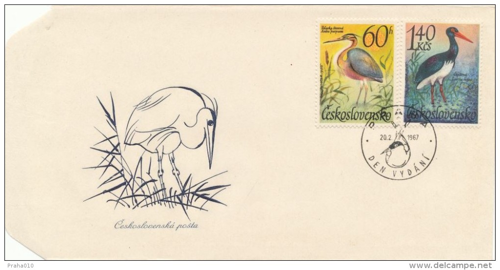 Czechoslovakia / First Day Cover (1967/05 C) Praha: Water Birds (Ardea Purpurea, Ciconia Nigra) Painter: Ota Janecek - Cigognes & échassiers