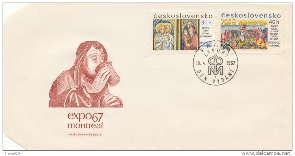 Czechoslovakia / First Day Cover (1967/07 A) Praha (1): Expo 67 Montreal (30h - Gothic Art; 40h - Codex Of Jena, J. Hus) - 1967 – Montreal (Kanada)
