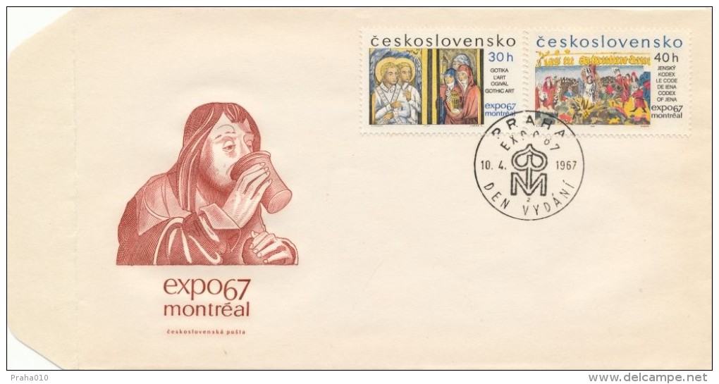 Czechoslovakia / First Day Cover (1967/07 A) Praha (2): Expo 67 Montreal (30h - Gothic Art; 40h - Codex Of Jena, J. Hus) - 1967 – Montreal (Kanada)