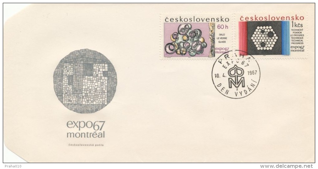 Czechoslovakia / First Day Cover (1967/07 B) Praha (2): Expo 67 Montreal (60h - Glass; 1Kcs - Technical Progress, Atom) - 1967 – Montreal (Canada)