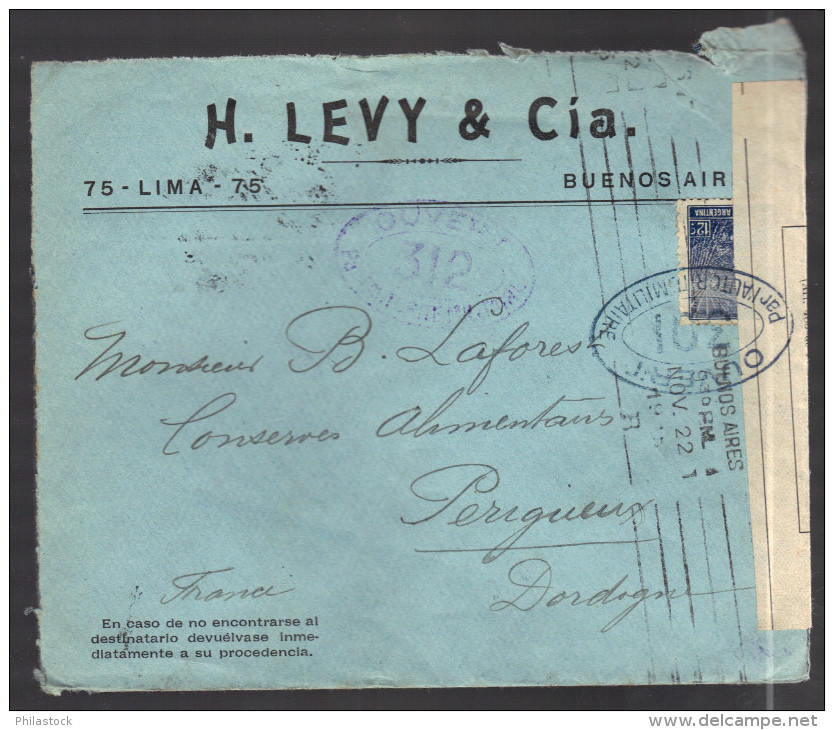 ARGENTINE 1914/1918 Usages Courants Obl. S/enveloppe Censure Militaire Française - Briefe U. Dokumente