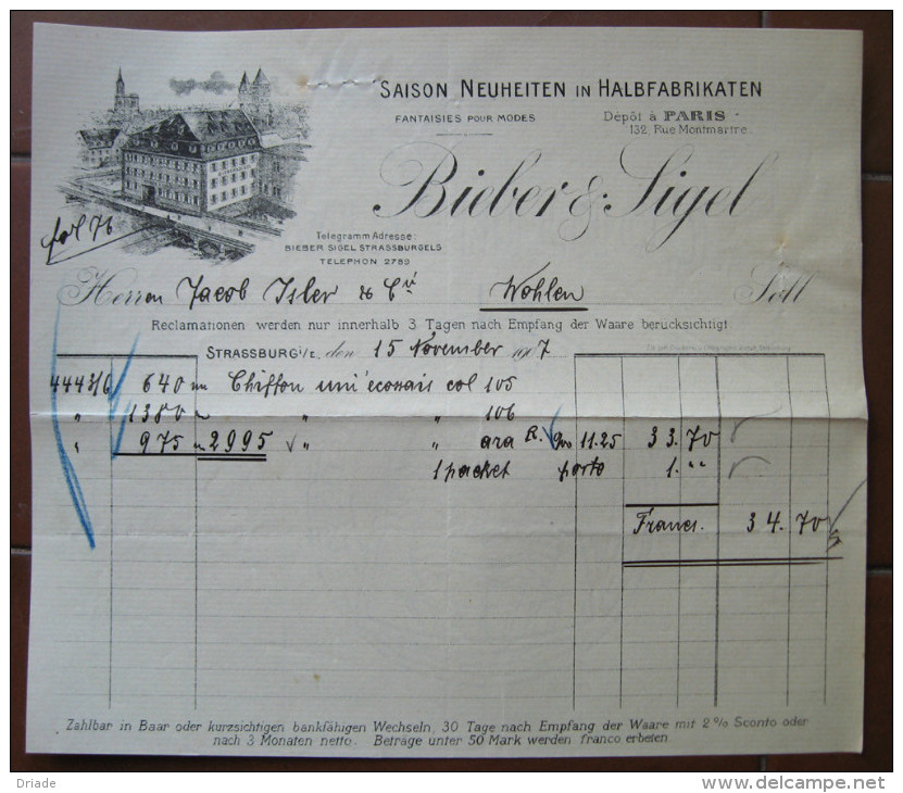 FATTURA SAISON NEUHEITEN IN HALBFABRIKATEN BIEBER & SIGEL STRASSBURG ANNO 1907 - 1900 – 1949