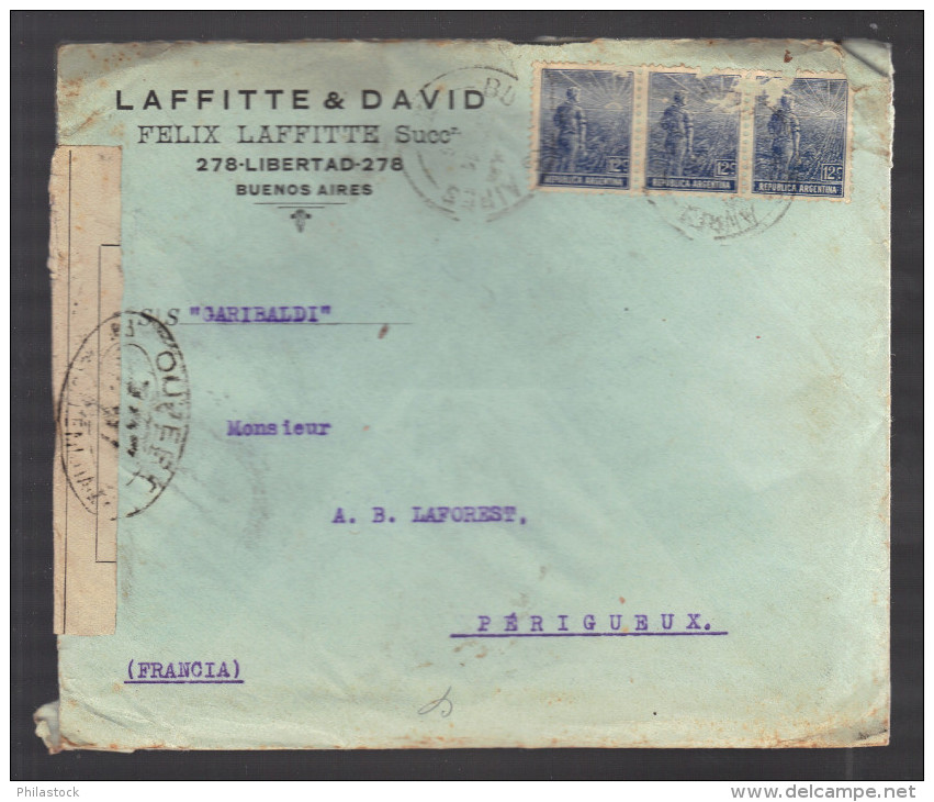 ARGENTINE 1914/1918 Usages Courants Obl. S/enveloppe Censure Militaire Française - Cartas & Documentos