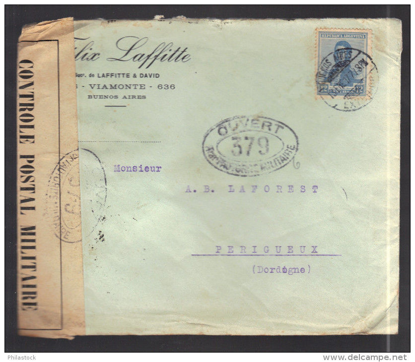 ARGENTINE 1914/1918 Usages Courants Obl. S/enveloppe Censure Militaire Française - Storia Postale