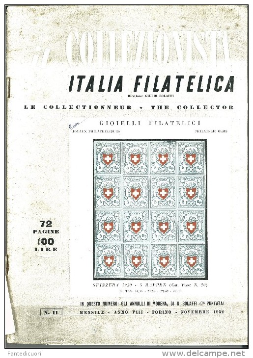 Rivista Il Collezionista, Bolaffi Editore N. 11 Anno 1952 - Italiaans (vanaf 1941)