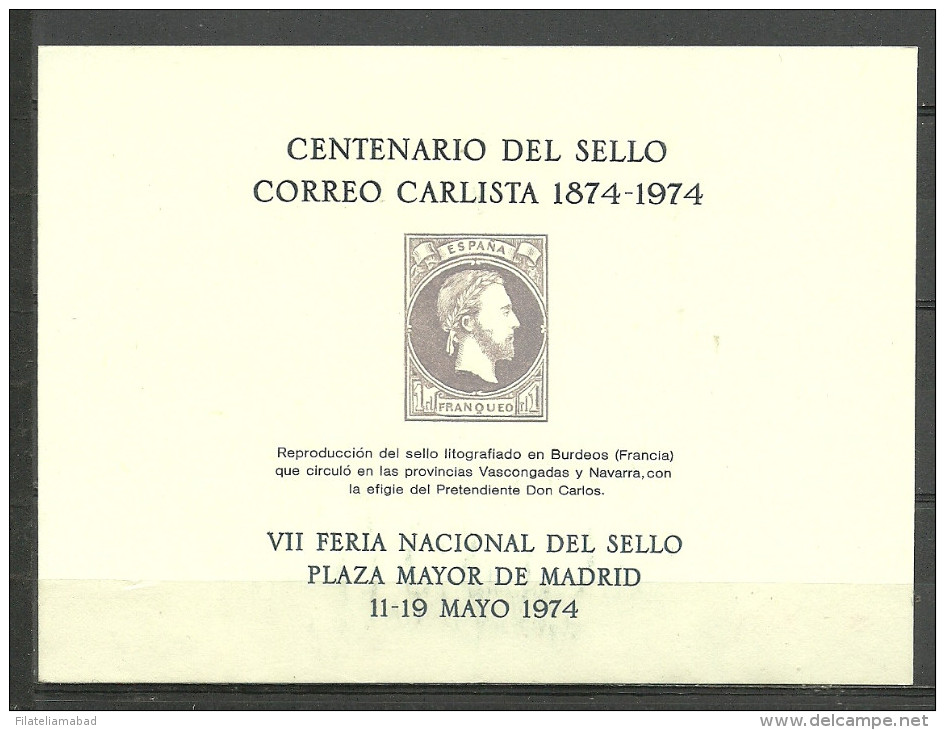 ESPAÑA- CENTENARIO DEL SELLO CORREO CARLISTA 1874-1974 VII FERIA NACIONAL DEL SELLO  P. MAYOR 11-19 MAYO 1974 (N-1).) - Blocs & Hojas