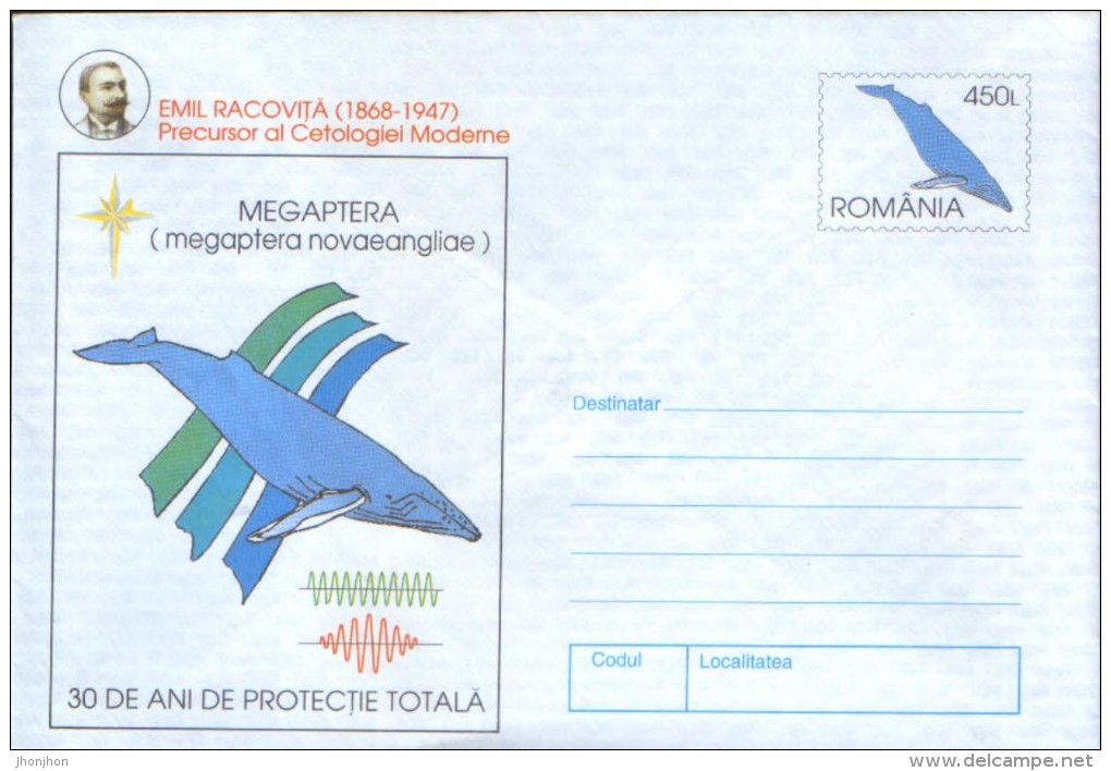 Romania- Postal Stationery Cover Unused 1997- Whales,Megaptera ; E.Racovita Precursor Of Modern Cetologie - Ballenas