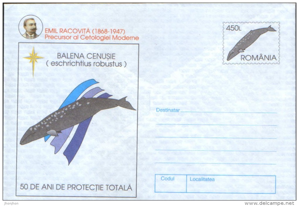 Romania- Postal Stationery Cover Unused 1997-Whale, Gray ; E.Racovita Precursor Of Modern Cetologie - Ballenas