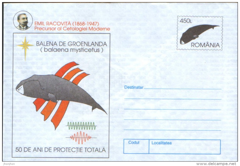 Romania- Postal Stationery Cover Unused 1997- Greenland Whale ; E.Racovita Precursor Of Modern Cetologie - Baleines