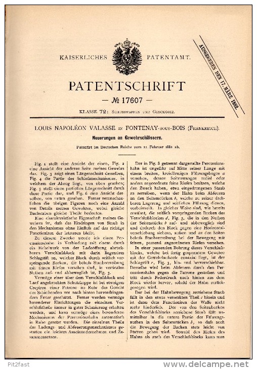 Original Patentschrift - L. Napoléon Valasse Dans Fontenay Sous Bois ,1881 , Serrure De Pistolet, Arme à Feu !!! - Documenti